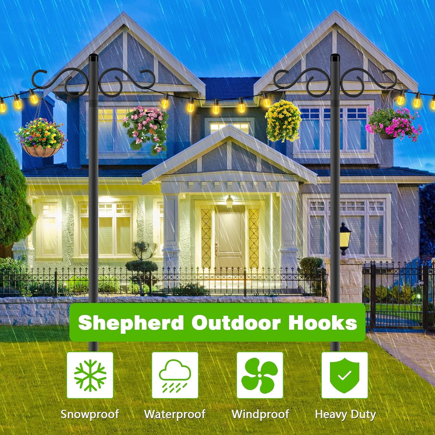 Double Shepherds Hooks For Outdoor 2 Pack 90 Inch Bird Feeder Pole With 5 Prongs Base Heavy Duty Hook Suitable Garden In Hanging Flower Basket Lantern Nests (90 Inch)