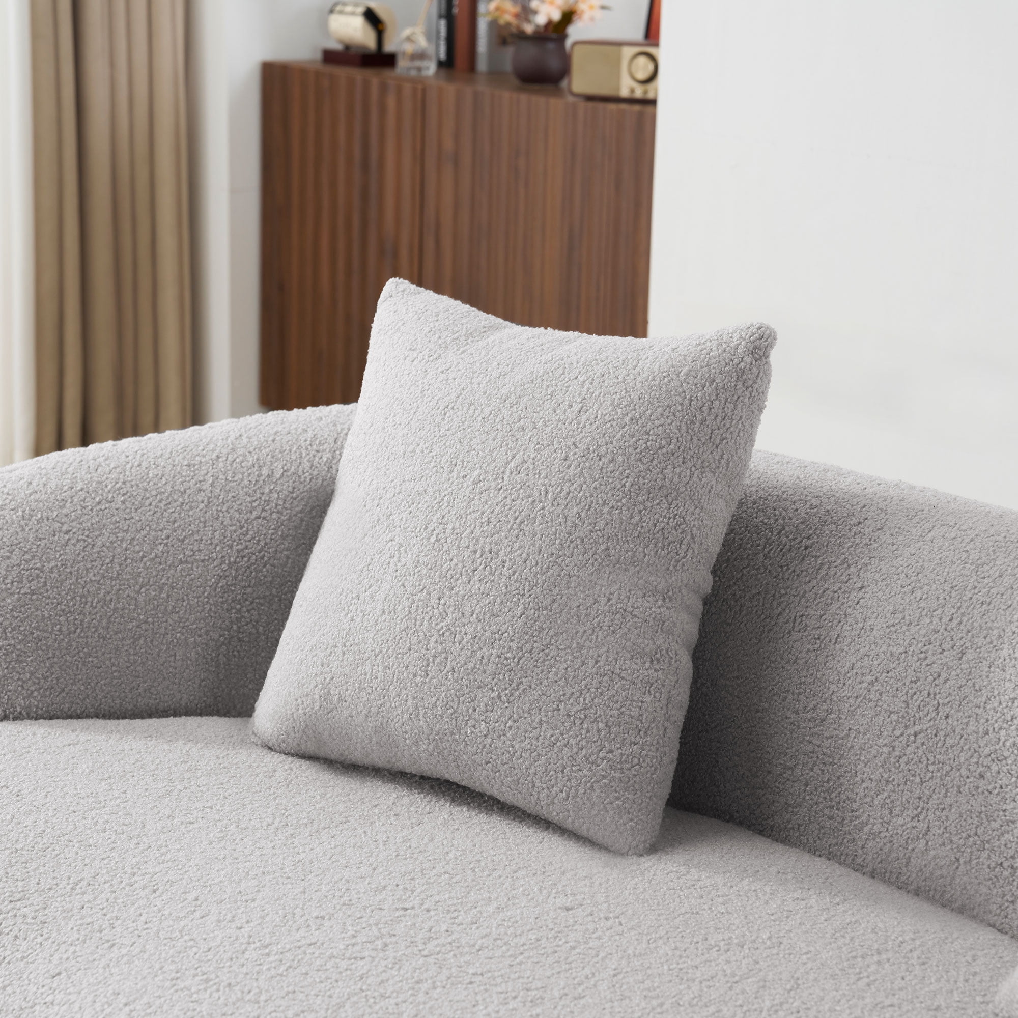 Grey Curved Loveseat Sofa with Round Armrest, Teddy Velvet Fabric Compression Couch with 2 Pillows, Cream Couch for Small Space, Living Room, Bedroom, No Assembly