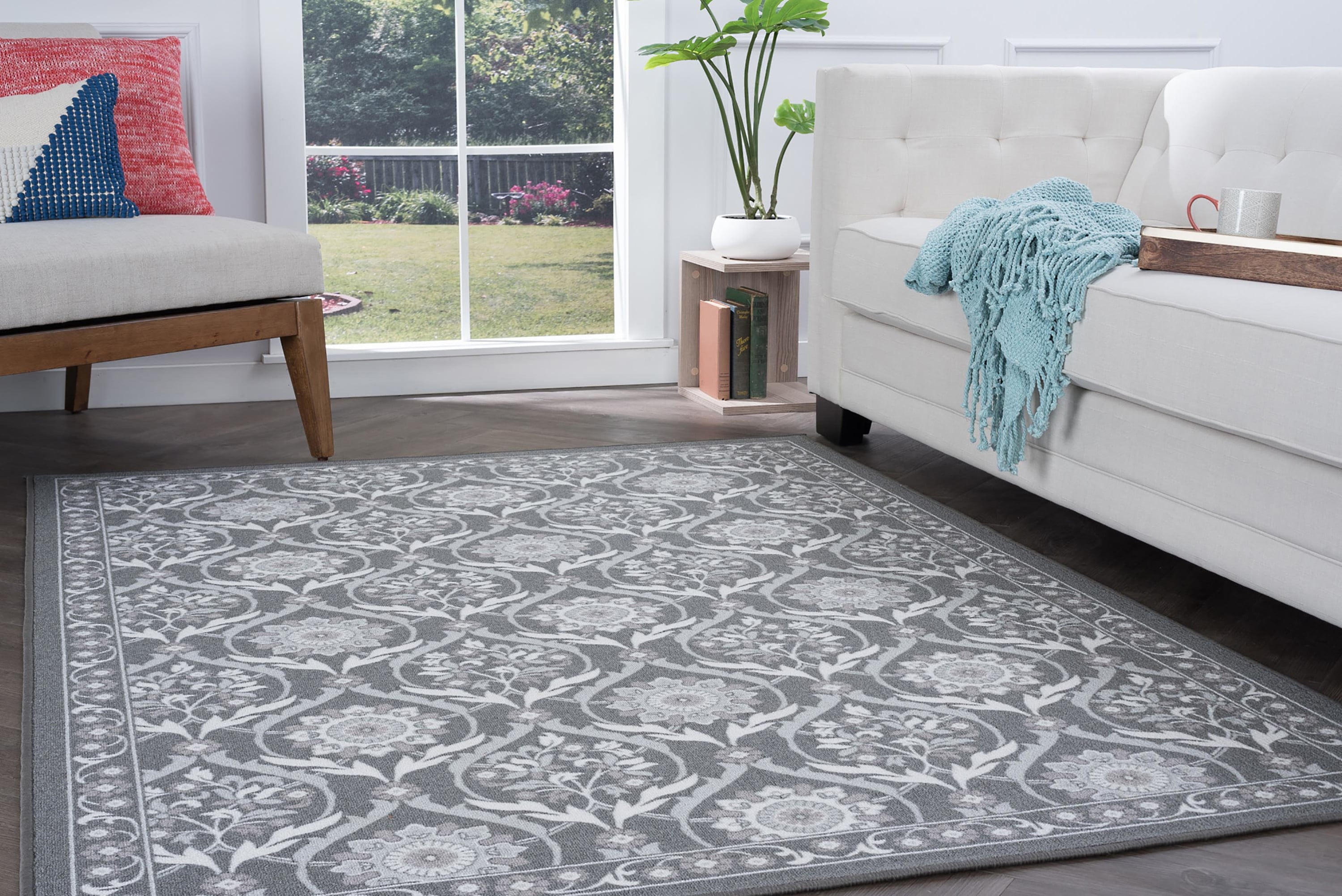 Transitional Area Rug (3-Piece Rug Set: (5' x 7', 20'' x 60'', 20'' x 32'')) Floral Charcoal, Cream Indoor Set Easy to Clean