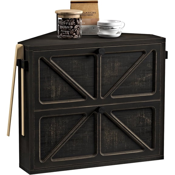 Vintage Corner Bread Box for Kitchen Counter, Double-Layer Bamboo Bread Storage Bin, Large Capacity Rustic Farmhouse Bread Holder, Breadbox Organizer for Cabinet (Black, Medium)