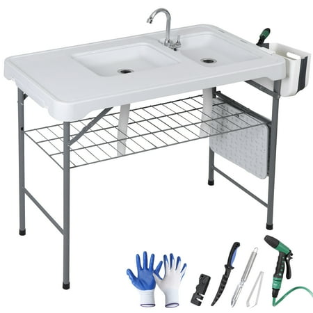 HomGarden Fish Cleaning Table with Dual Sink Folding Outdoor Fish Cleaning Station W/Faucet Sprayer Grid Rack Knife Groove Measure Mark Drainage Hose for Picnic Patio