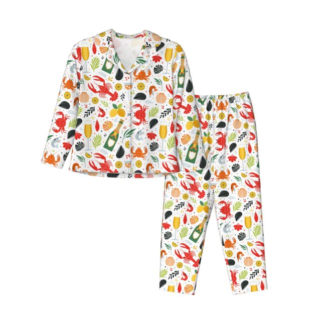 Balery Crabs Shrimps Conjunto de Pijama con Estampado para Mujer, Conjunto de Dos Piezas con Manga Larga, Ropa de Dormir Suave con Bolsillos, Pijamas Cómodos-X-Large