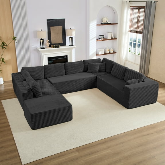 Mjkone 140"Oversized Modular U Shped Sectional Sofa,Corduroy Cloud Couch with Movable Ottoman for Living Room,No Assembly Required,Black