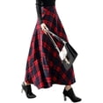 thumbnail image 3 of Falda larga de cintura elástica alta para mujer Falda larga acampanada de invierno a cuadros a cuadrosLong RedLarge, 3 of 5