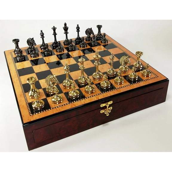 Brass Black Gold Staunton Bridled Knight Chess Set W/ Walnut Color Storage Board