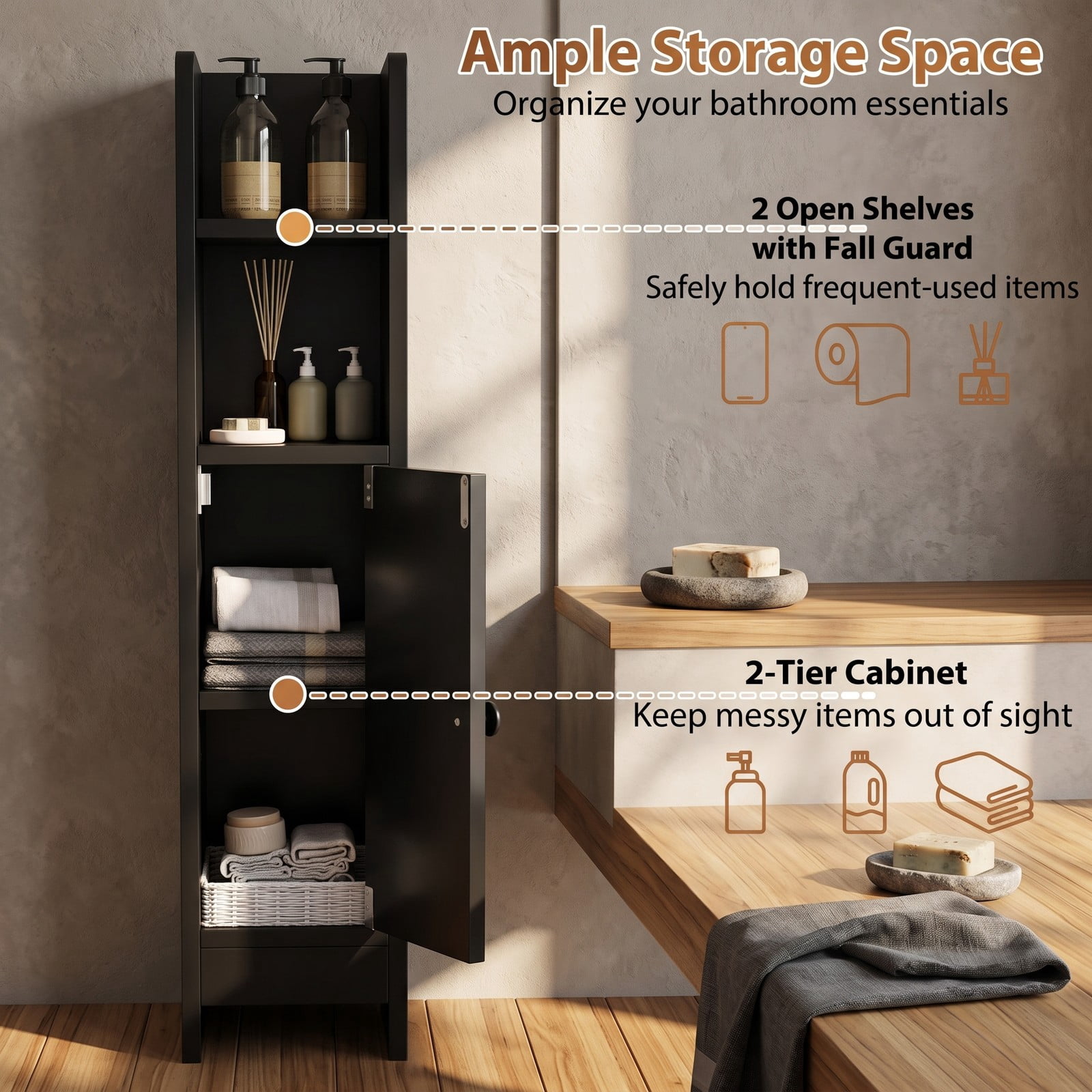 Fenbeli Slim Bathroom Corner Storage Cabinet, Freestanding Floor Cabinet with Door, Adjustable 3-Tier Shelf and Anti-Tipping Kit for Bathroom Laundry Room, Black
