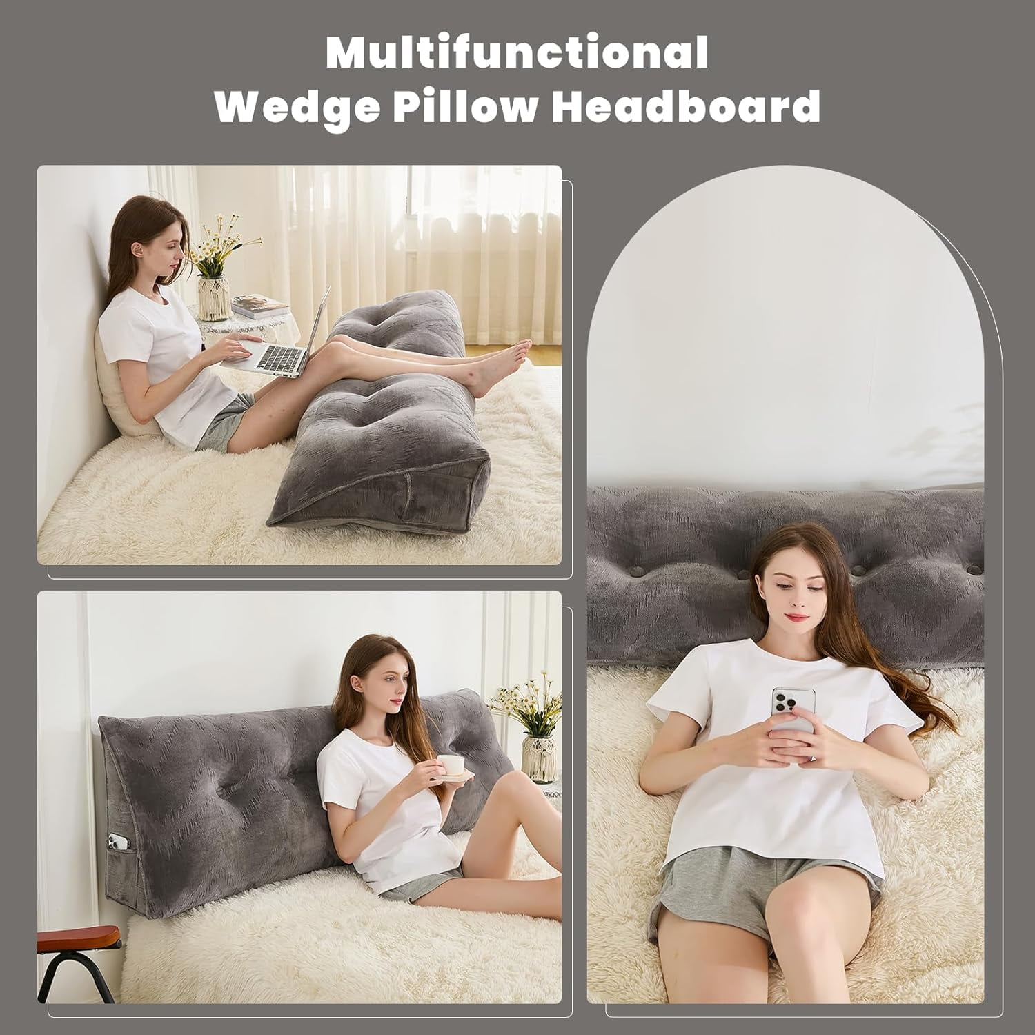 Headboard Pillow for Bed,Triangular Wedge Pillow Headboard Soft Support While Reading and Resting,Bed Bolster Cushion Headboard with Removable Cover, Queen (59"x8"x20")