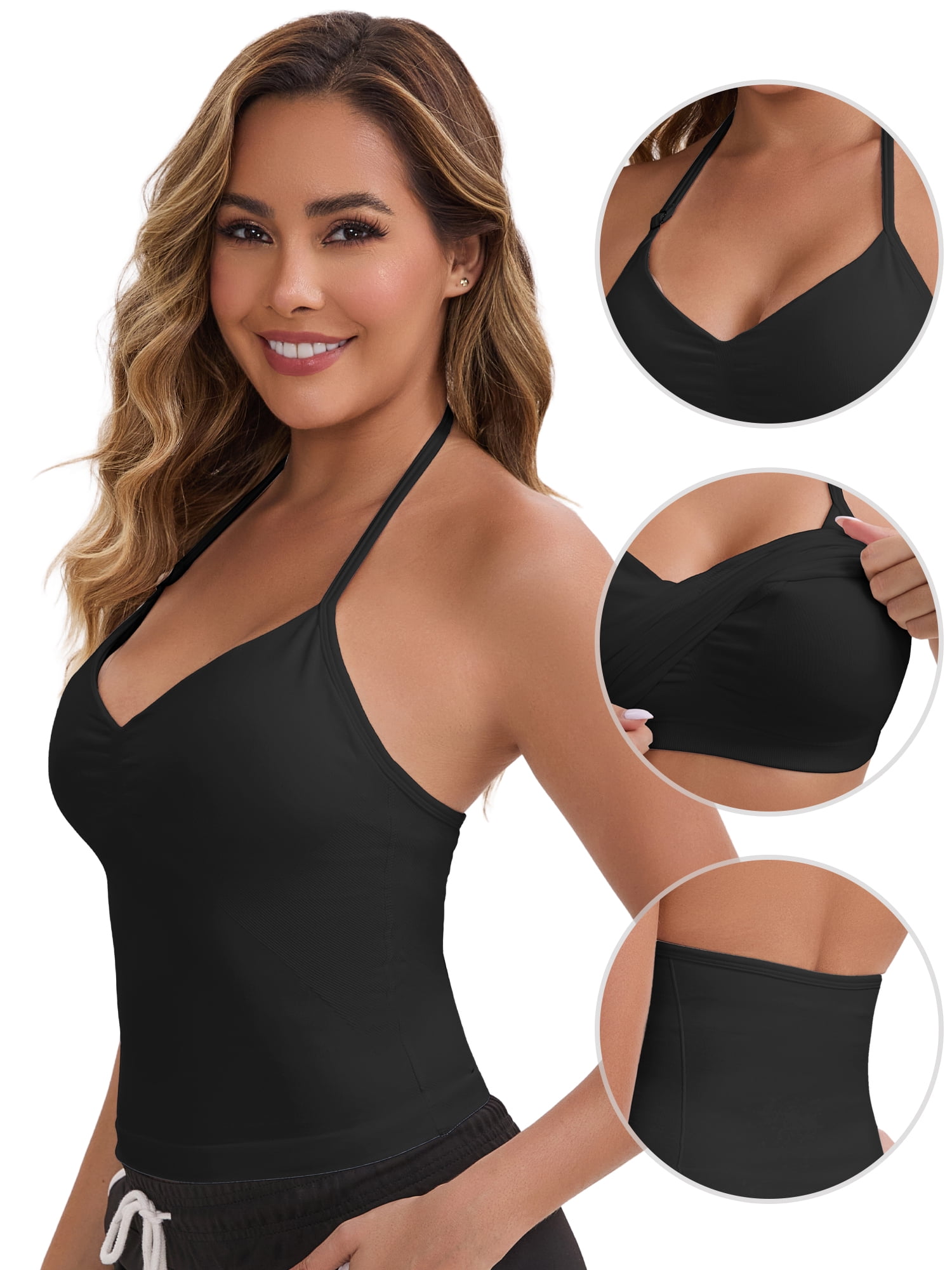 DARING DIVA Women's Halter Neck Padded Adjustable Spaghetti Straps Tank Top M Black
