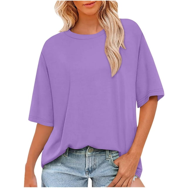 Olyvenn Hauts d'Été pour Femmes 2025 T-Shirts à Manches Courtes Décontractés Col Rond Grande Taille Mode T-Shirts Violet TG
