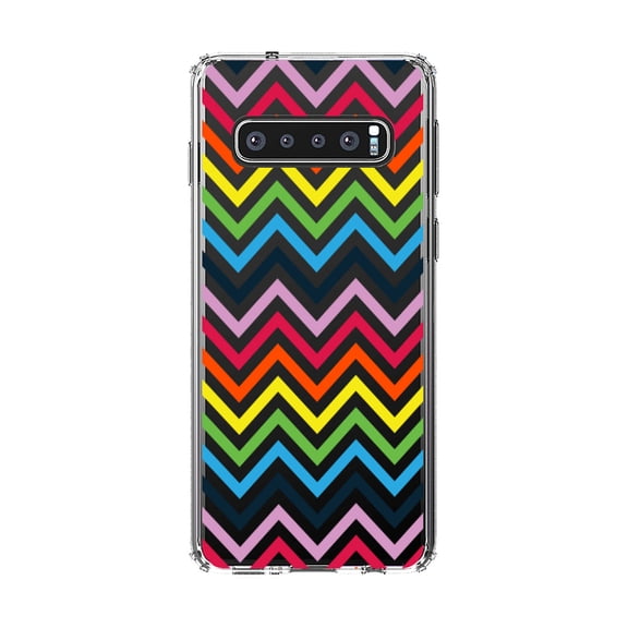 DistinctInk Clear Shockproof Hybrid Case for Samsung Galaxy S10 (6.1" Screen) - TPU Bumper, Acrylic Back, Tempered Glass Screen Protector - Rainbow Chevron