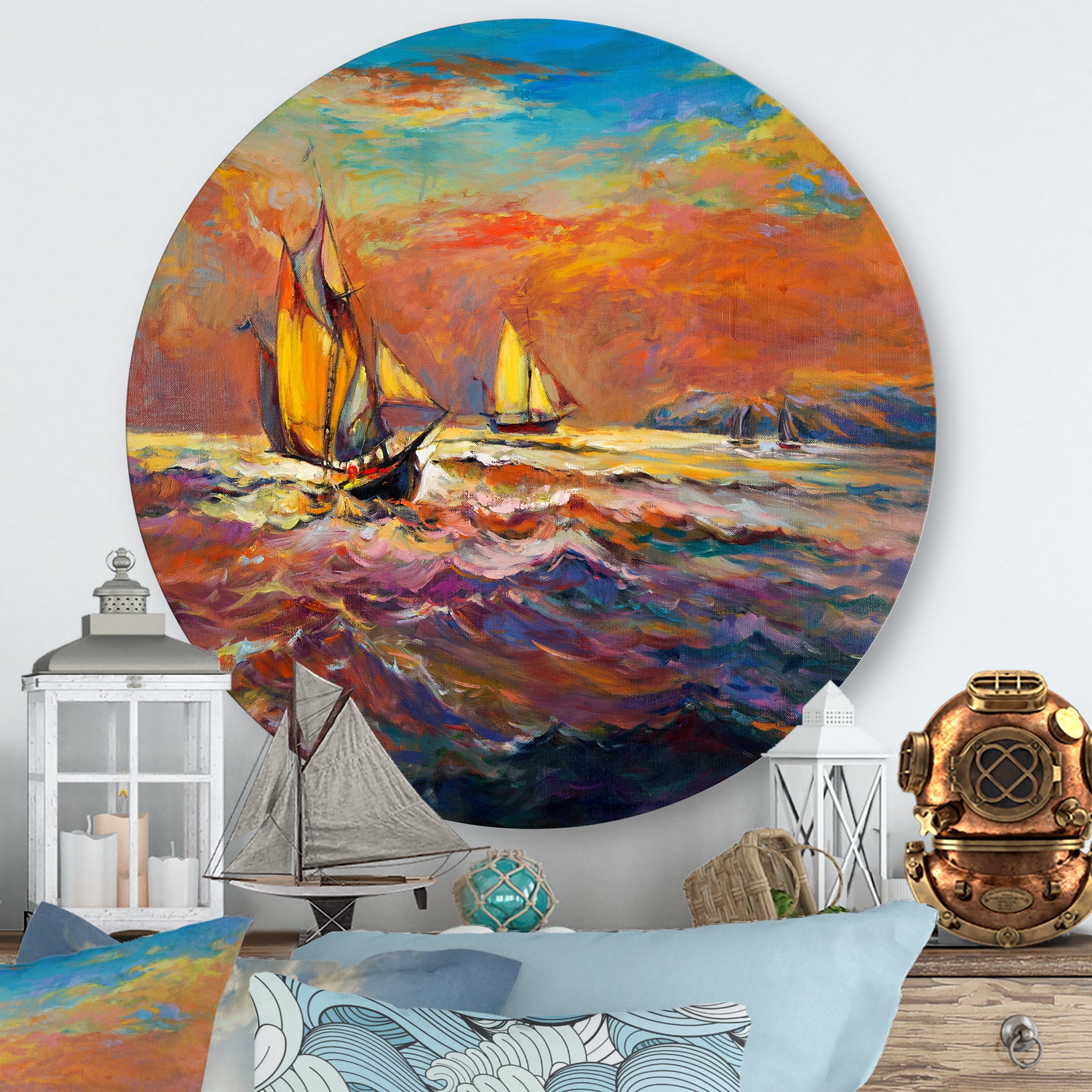 Designart 'Sailships On The Ocean Waves During Orange Evening Glow' Nautical & Coastal Circle Metal Wall Art 23x23 - Disc of 23