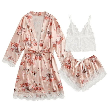 

Qcmgmg Women Bathrobe for Women Floral Pajamas Set Sleepwear Robe Cami Shorts Set 3-piece Pjs Silk Pj Sets S