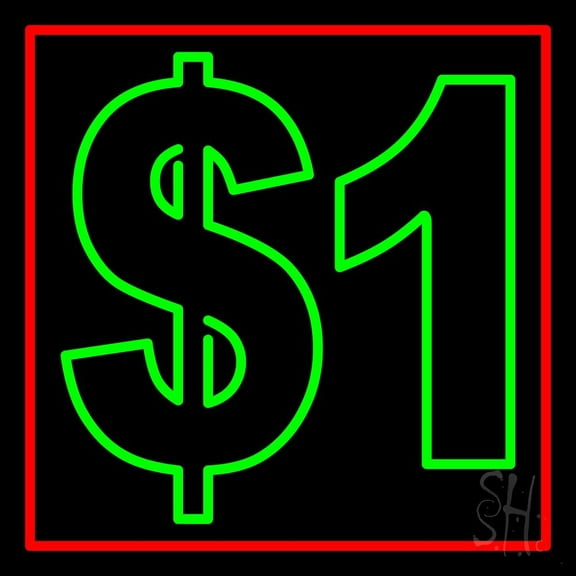 Dollar1 With Red Border LED Neon Sign 24 x 24 - inches, Black Square Cut Acrylic Backing, with Dimmer - Bright and Premium built indoor LED Neon Sign for Pawn store interior decor, and stroefront.