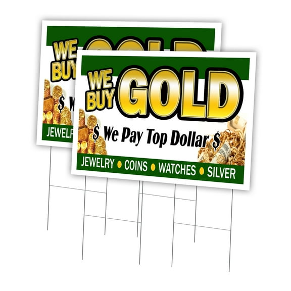 We Buy Gold1 2 Pack Of 24" x 36" Yard Sign & Stake | Advertise Your Business | Stake Included Image On Front Only | Made in The USA