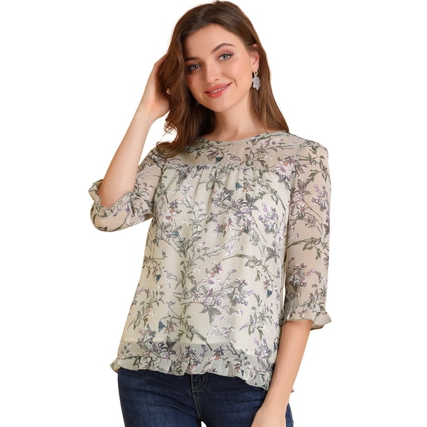 Blusa Allegra K estampado floral 3/4 con volantes Gris