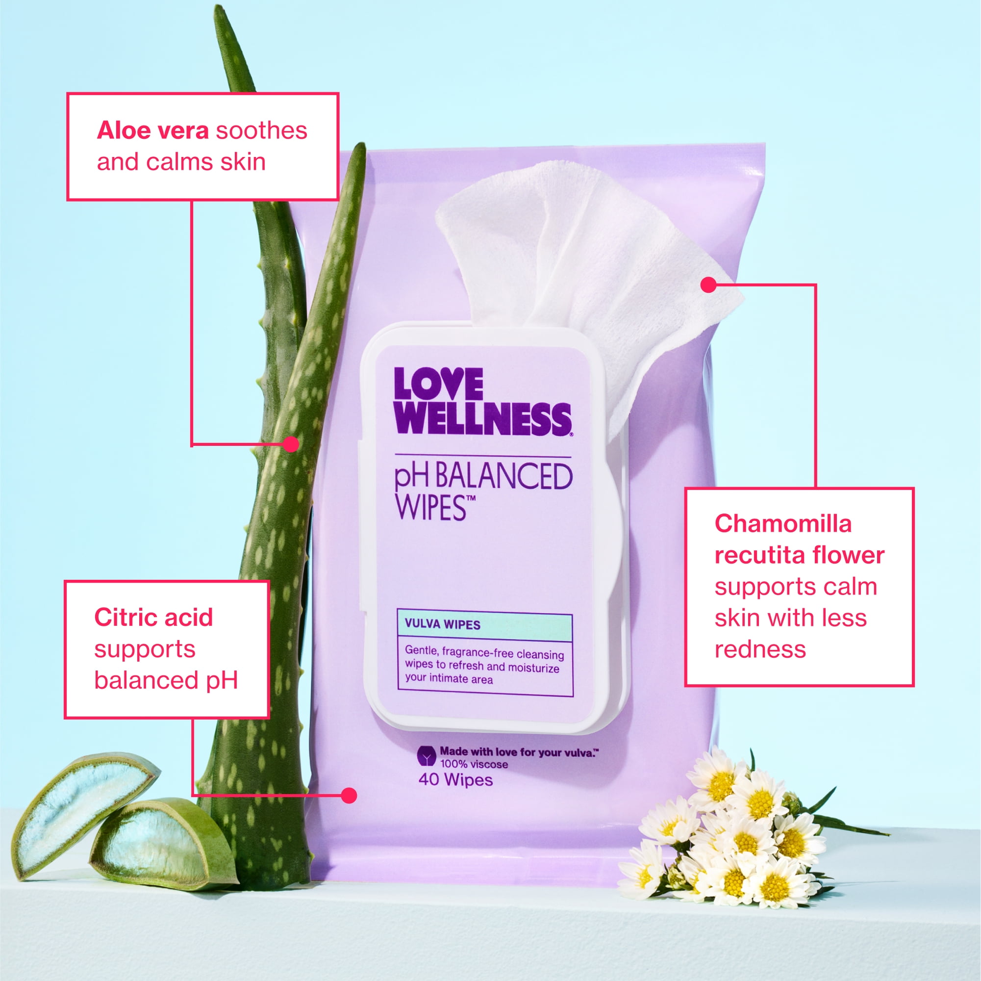 Love Wellness pH Balanced Feminine Wipes, Sensitive Skin, Face & Body, Fragrance-Free, 40 Count