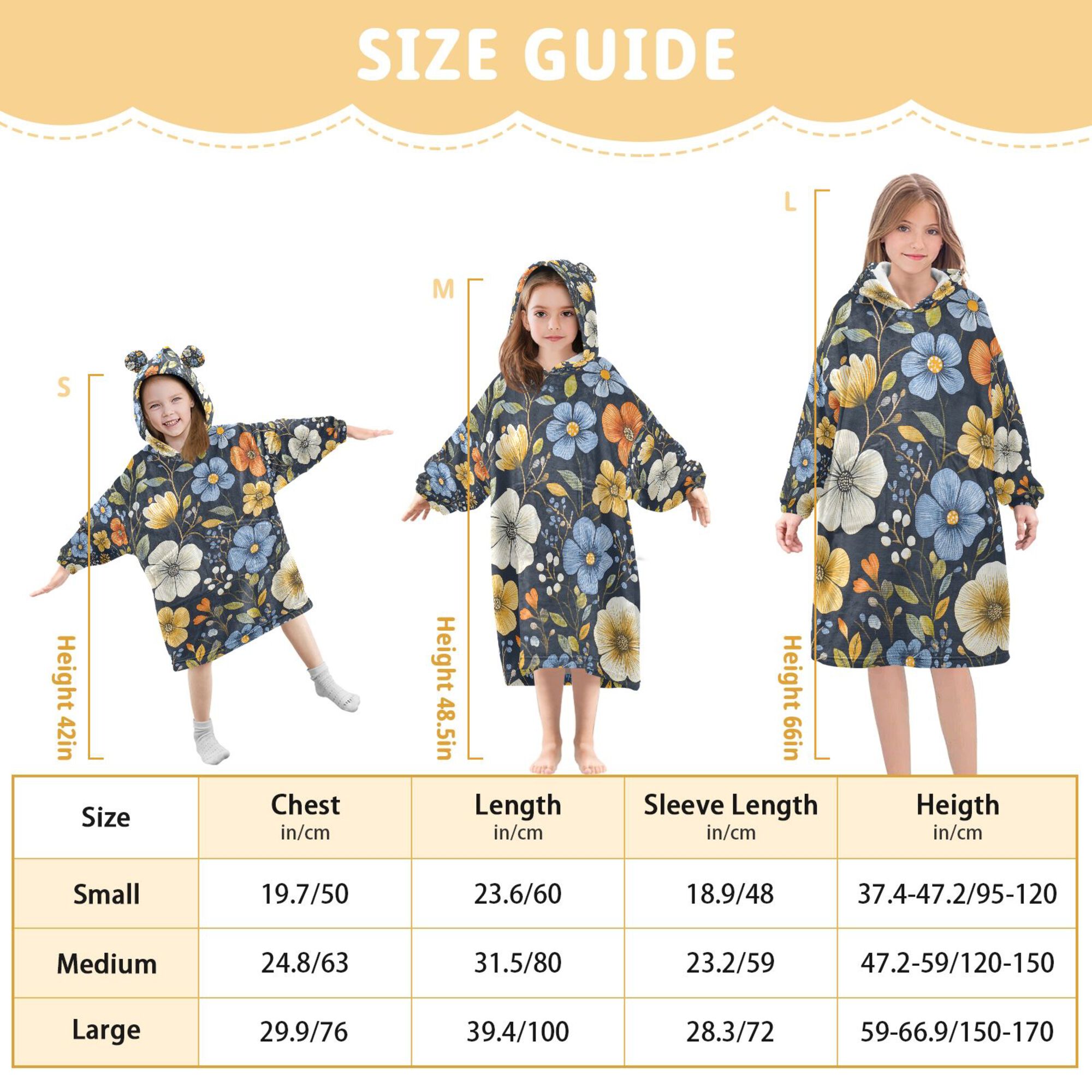 FORMRS Wearable Blanket Hoodie with Sleeves for Kids Cozy Flannel Sweatshirt, Navy Floral Pattern