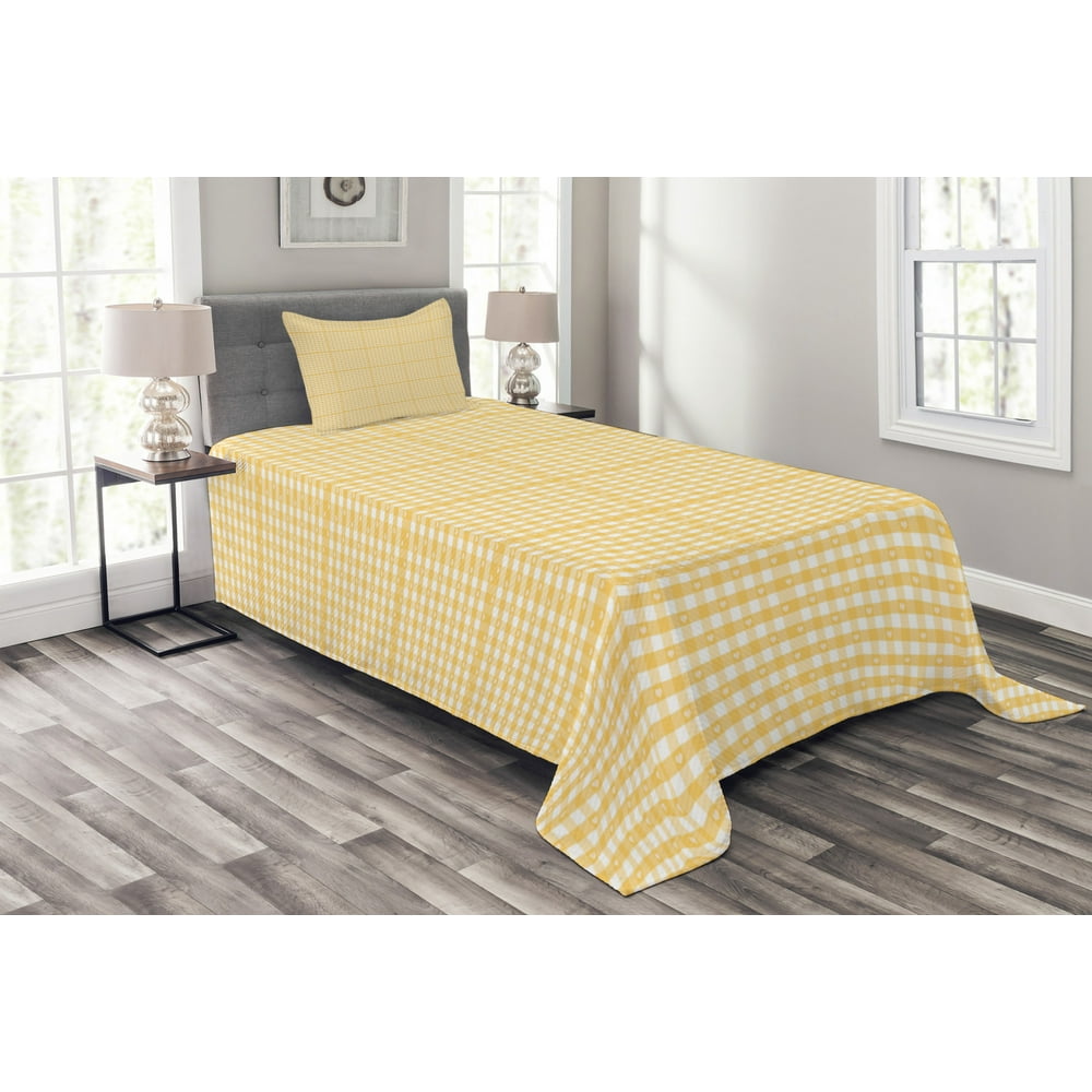 Vintage Yellow Bedspread Set, Gingham Pattern with Bicolor Checkered