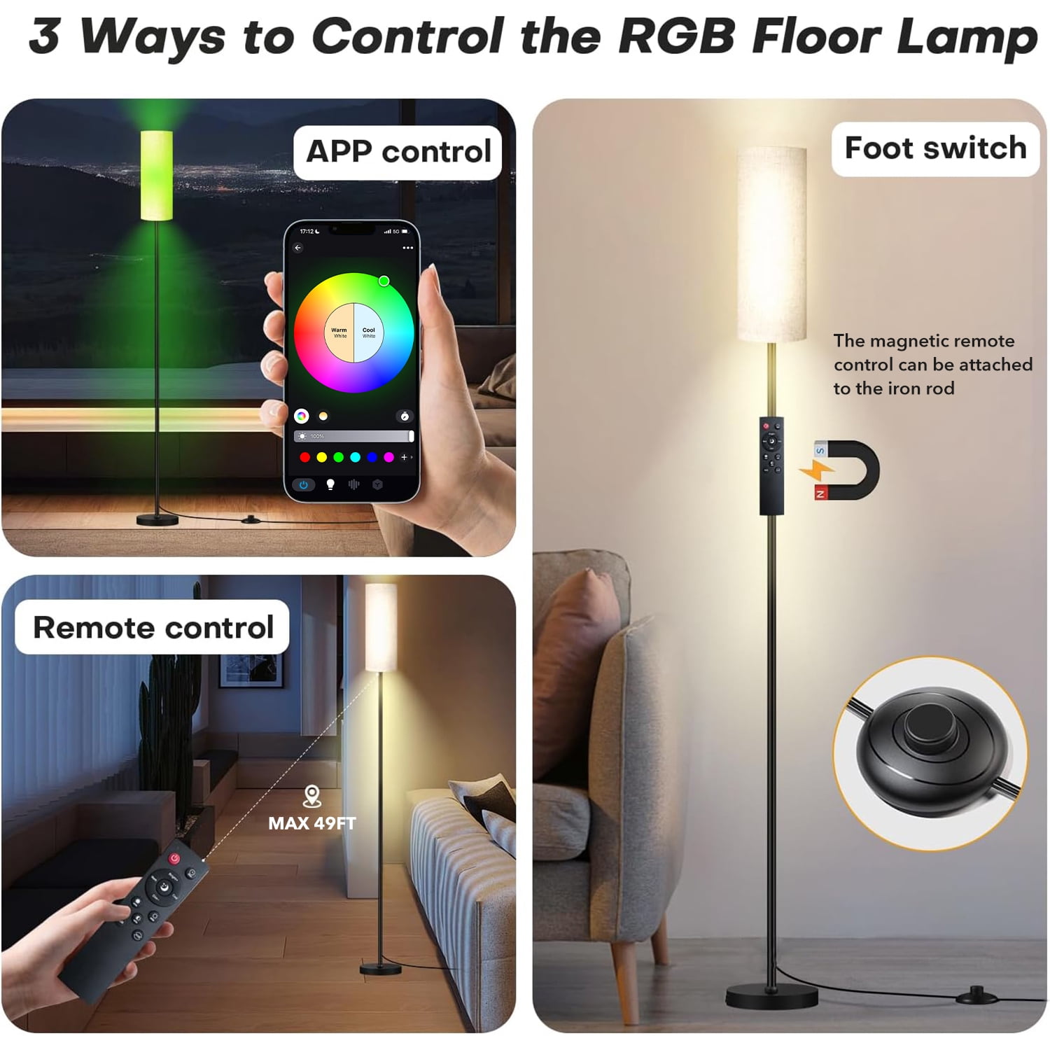 BN-LINK RGB Floor Lamp with Timer, Corner Lamp with Music Sync and 16 Million DIY Colors, APP/Remote/Foot Switch Control, Standing Lamp for Living Room/Bedroom/Office