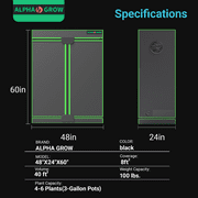 ALPHAGROW Indoor Grow Tent, 48 x 24 x 60 in, 600D Mylar Canvas, Twin Doors