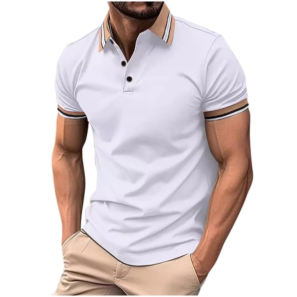Mens Manga Corta Botón Abajo Camisas Patchwork Fallow Patrón Cuello Redondo Deportes Top para Diario