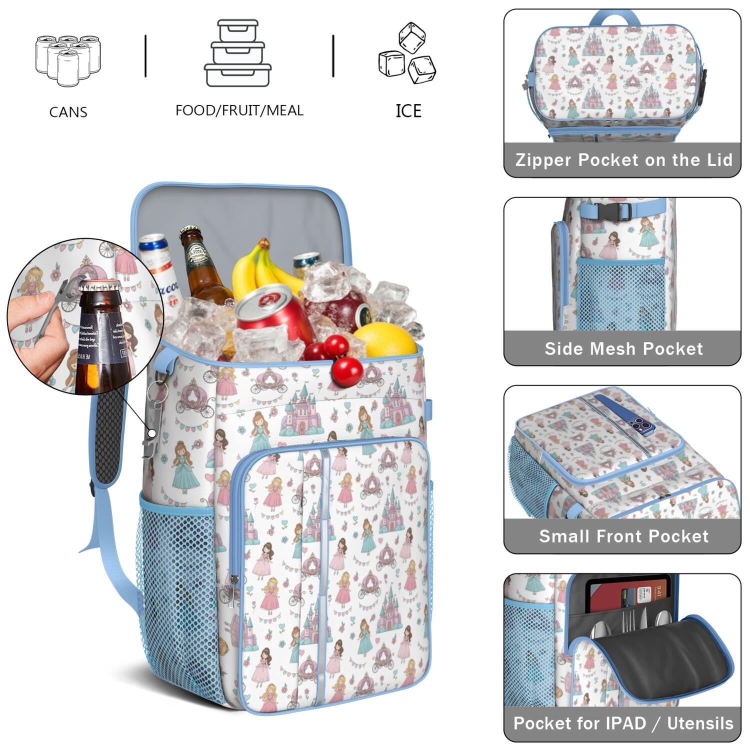Travel Cooler Bag - White Princess Castle Pattern Camping Beer Cooler Backpack with Bottle Opener- Waterproof Insulated Picnic Backpacks - Cooler Bag for Beach