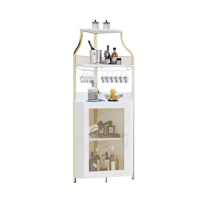 Gold Corner Bar Cabinet with LED Lights – 5-Tier Wine Bar & Liquor Storage, Adjustable Shelves, Removable Glass Rack, Glass Holder, Mesh Doors, Modern Buffet for Dining Room – Color: Gold with Light