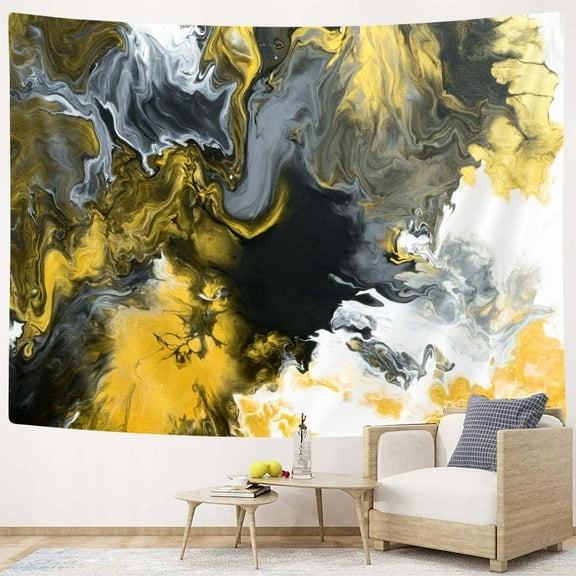 Marble Tapestry, Abstract Black Gold Wall Art, Vintage White Grey Yellow Tapestry Wall Hanging Art Tapestries Bedroom Living Room Dorm Decor,90x70IN