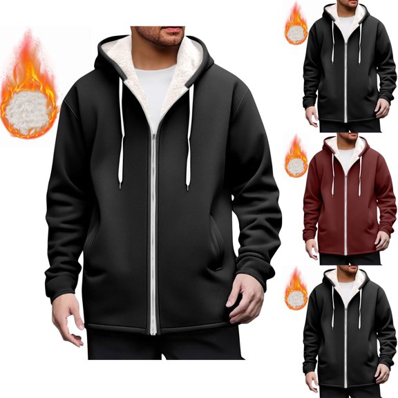 Hinvhai Fleece Jacket Mens Full Zip Sherpa Lined Jacket thermal Warmy Hoodie Hooded Coat Outerwear with Pockets Wine XL(XL)