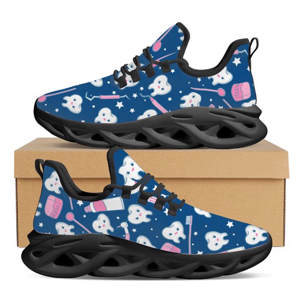 Yikeluo Zapatillas deportivas con estampado de dientes de dibujos animados para mujer, zapatos de malla para dentista, ligeros e informales, para playa y verano