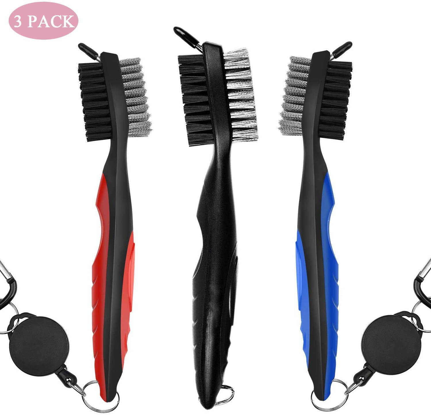 3 Pack Golf Club Brush Groove Cleaners, Metal and PP Bristles Spike