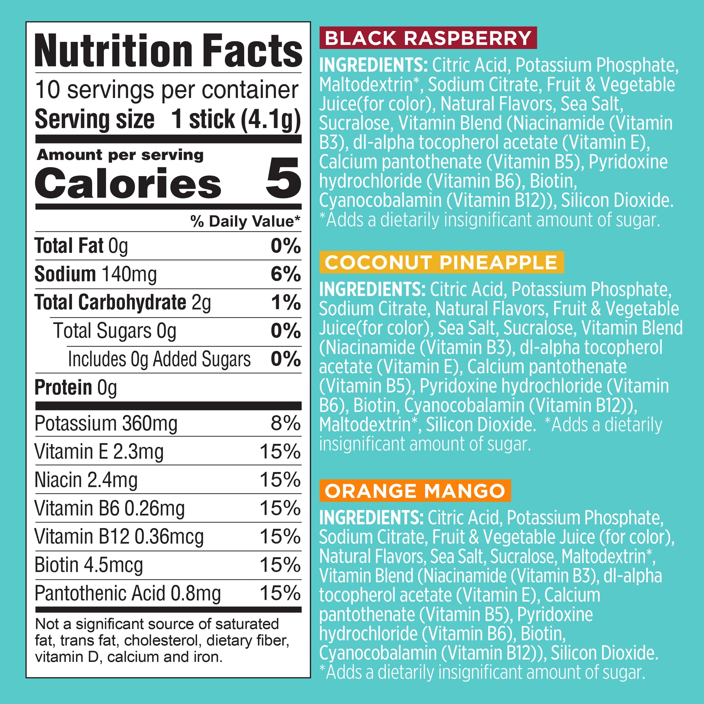 Sparkling Ice Powder Zero Sugar Drink Mix Variety Pack, Orange Mango, Black Raspberry & Coconut Pineapple, 10 Sticks