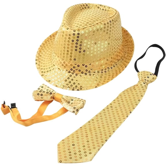 Slccxzc Adults Sequins Jazz Dance Hat with Necktie Sequin Fedora Hat Disco Hat Party Accessories