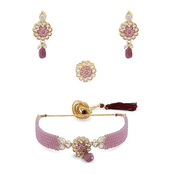 Multistrand Purple Crystal Beaded Kundan Choker Necklace Set With Earring & Ring Set For Women | Artificial Stone & Beads - Indian Women Wedding Jewellery Set For Indian Outfits