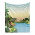 thumbnail image 1 of Reptile Soft Flannel Fleece Blanket, Illustration of Exotic Crocodile at the River with Palm Trees Humor Summer Design, Cozy Plush for Indoor and Outdoor Use, 60" x 80", Green Blue, by Ambesonne, 1 of 5