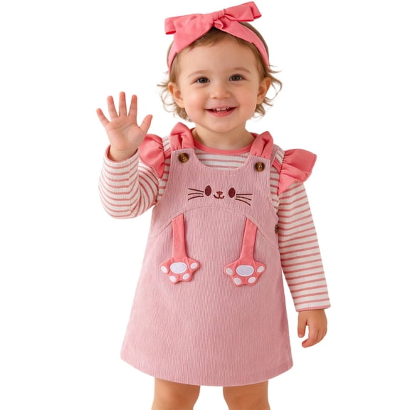 XIYON Girls Clothing Set Infant Girl Corduroy Pinafore Dress Long Sleeve Bodysuit Bandana Three Piece Outfit For Baby Toddler 9-12 Months