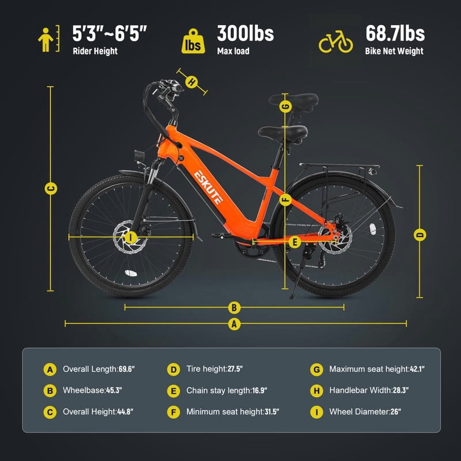 ESKUTE C200 70-Mile Electric Bike for Adults with 840Wh Removable Battery, 1300W Peak Power Ebike, Up to 28MPH Speed, 26" Tires, 7-Speed Step-Over E-Bicycle,Orange with Phonebag & Lock, UL2849
