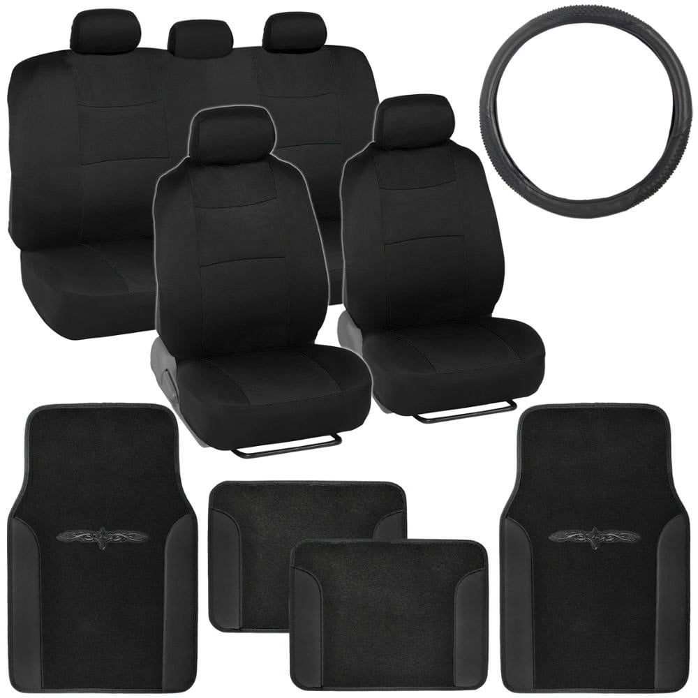 For AUDI Premium Black Tan PU Leather Car Seat Steering Cover Floor Mat Set 