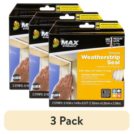 (3 pack) Duck Brand Max Strength Silicone .25" Medium Gap Weatherstrip Seal White, 2 Strips