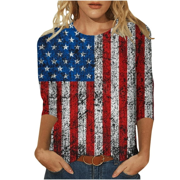 IROINNID 4th of July T-Shirt For Women Fashion Mid-length Blouse Casual Tops Round Neck Women Tops USA 4th Of July