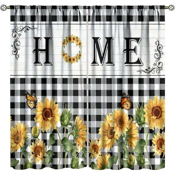 Rustic Sunflower Kitchen Curtains,Retro Farmhouse Country Spring Floral Butterfly Black White Plaid Print Window Treatments for Bedroom Living Room Cafe Decor 84x84in