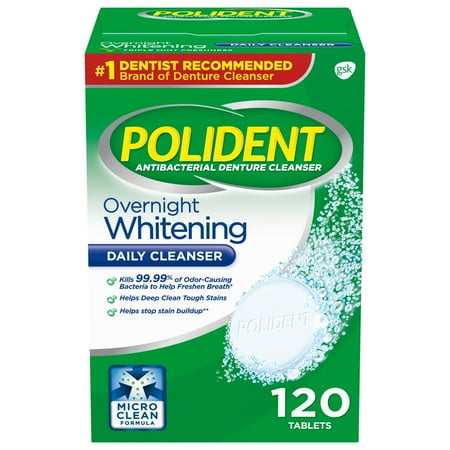 Polident Overnight Whitening Antibacterial Denture Cleanser Tablets, 120 Count