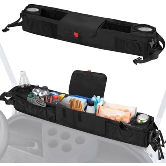 Golf Cart Front Storage Basket with Insulated Cup Holders, No-Drill Dash Tray Organizer Compatible with EZGO, Club Car, Kandi Electric Golf Carts, Golf Cart Storage Accessories