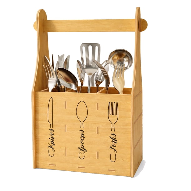 Organizador de Cubiertos de Madera con Asa 3 Compartimentos Porta Cuchillos Cucharas Tenedores para Cocina