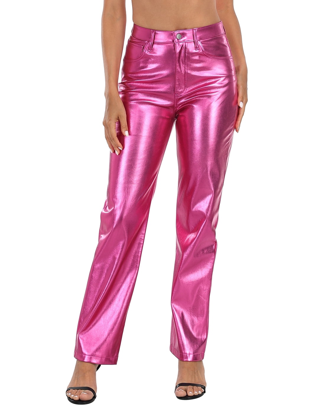 HDE Women's Metallic Faux Leather Pants High Waisted Trousers Hot Pink 6