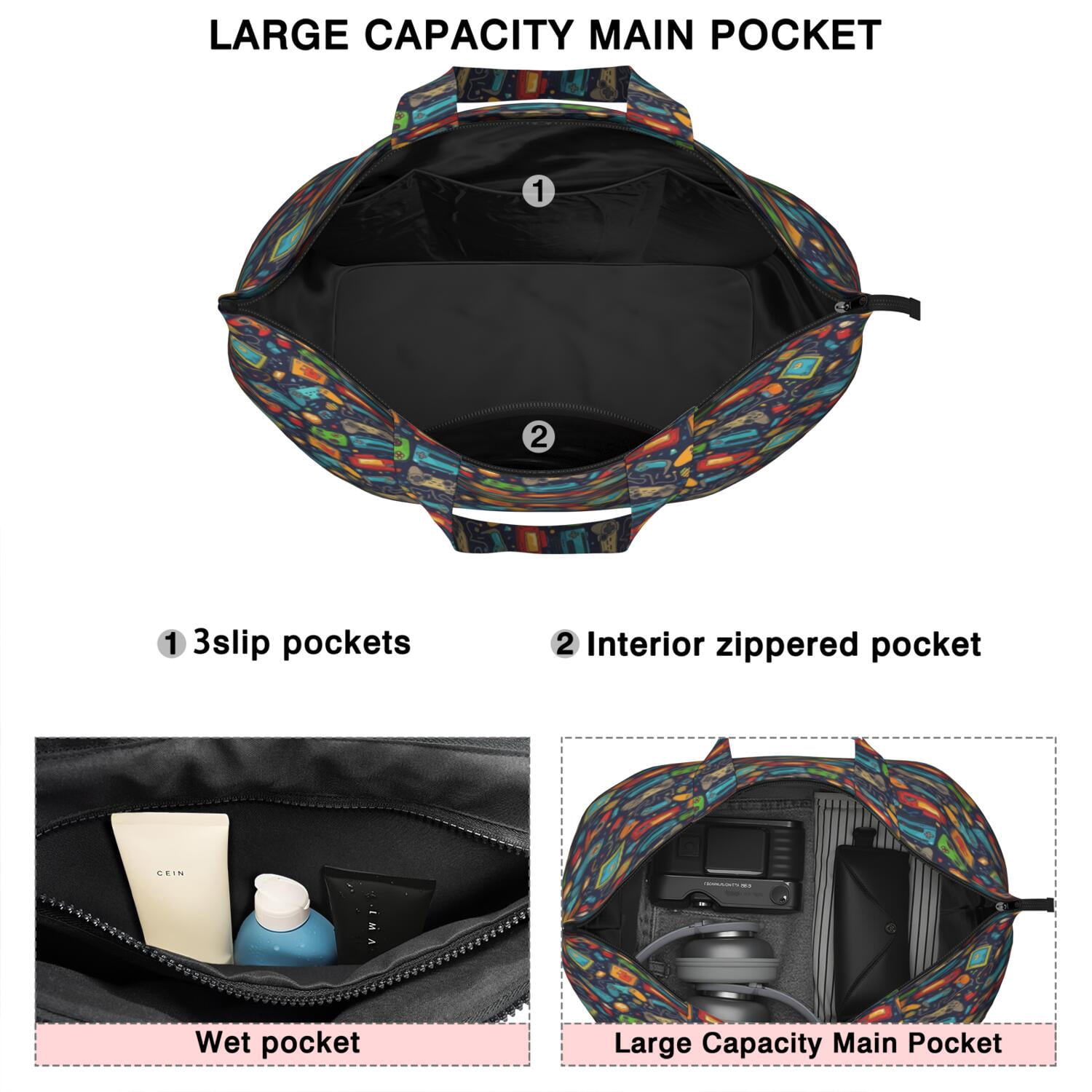 Colorful Games Retro Black Pattern Travel Tote Bags for Women Carry On,Large Weekender Bags for Women Travel,Multi Functional Duffle Bag for Work,Shopping,Sports