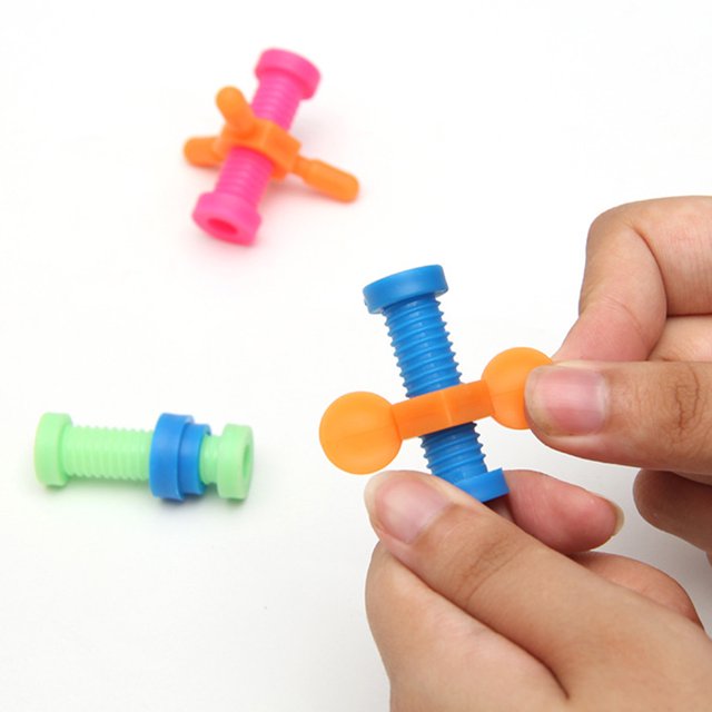 Lubelski 4Pcs Fidget Pencil Toppers featuring colourful, rotatable screw spinner designs made of ABS material. These pocket-sized fidget toys, shaped like nuts and bolts, are shown in vibrant colours such as blue, orange, green, and pink. The image highlights their multi-use functionality, including jumping, sliding, pulling, and rotating actions, with one being held in hand for demonstration. Ideal for relieving stress, improving focus, and serving as party favours or gifts for kids and adults.