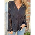 thumbnail image 5 of Cutout Embroidered V-Neck Button Long Sleeve Top, Hollow Half Sleeve Cardigan Black L, 5 of 7
