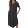 thumbnail image 1 of Robes Décontractées pour Femmes, Couleur Unie, Boutonnée, Col en V, Col à Revers, Robe Midi, Manches Longues/courtes, Robe Chemise avec Poches, 1 of 7