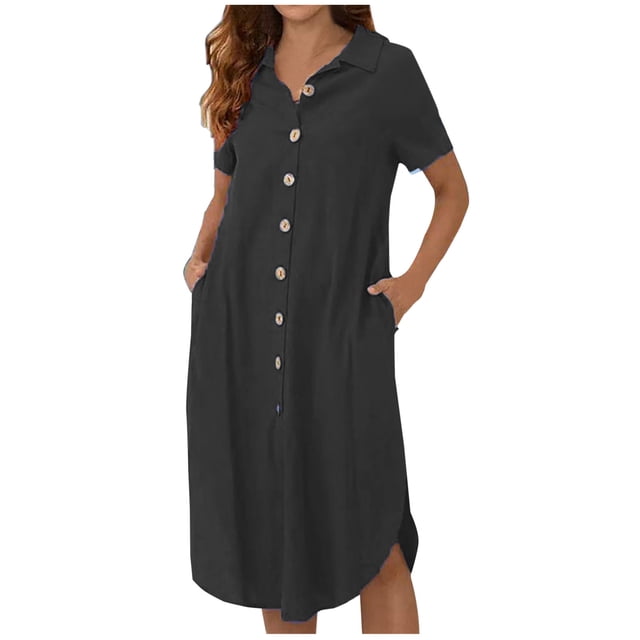 Robes Décontractées pour Femmes, Couleur Unie, Boutonnée, Col en V, Col à Revers, Robe Midi, Manches Longues/courtes, Robe Chemise avec Poches